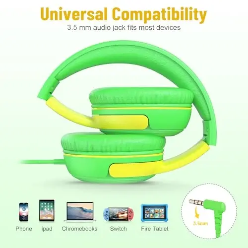 rockpapa Share 1 Kids Headphones Wired with Microphone & Share Port, 85dB/94dB Volume Limited, Cute Foldable Student Child Boys Girls Headphones for School/Travel Green/Yellow+Blue/Orange - 4