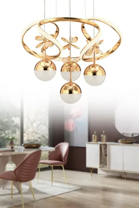 Rodin 4-way Gold Pendant White Power Led Stone Detailed Led Chandelier-Gold 4-way - İSTANBUL AVIZE