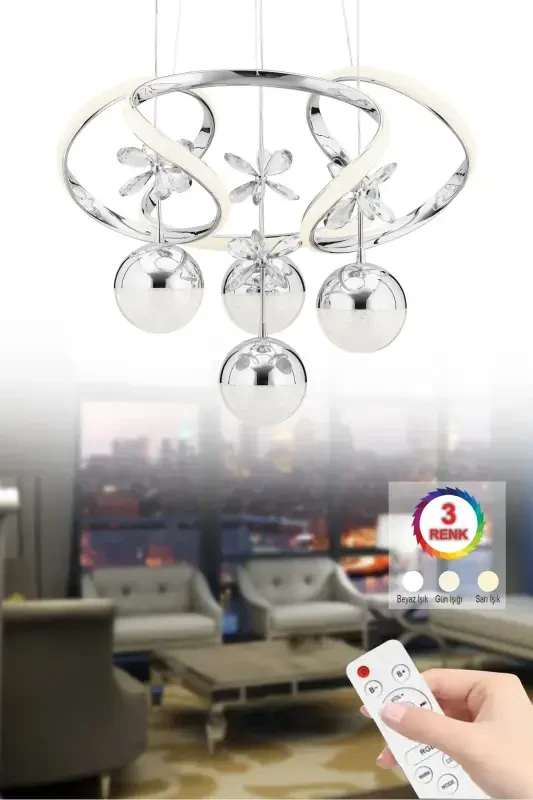 Rodin Remote Controlled 4-Piece Silver Pendant 3 Color Led Modern Led Chandelier-Beige - 1