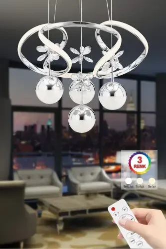 Rodin Remote Controlled 4-Piece Silver Pendant 3 Color Led Modern Led Chandelier-Beige - 4
