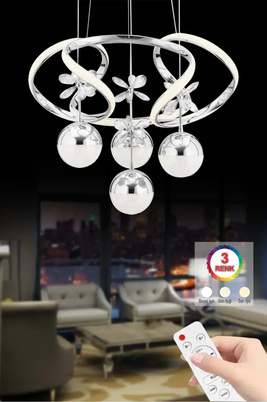 Rodin Remote Controlled 4-Piece Silver Pendant 3 Color Led Modern Led Chandelier-Beige - 3