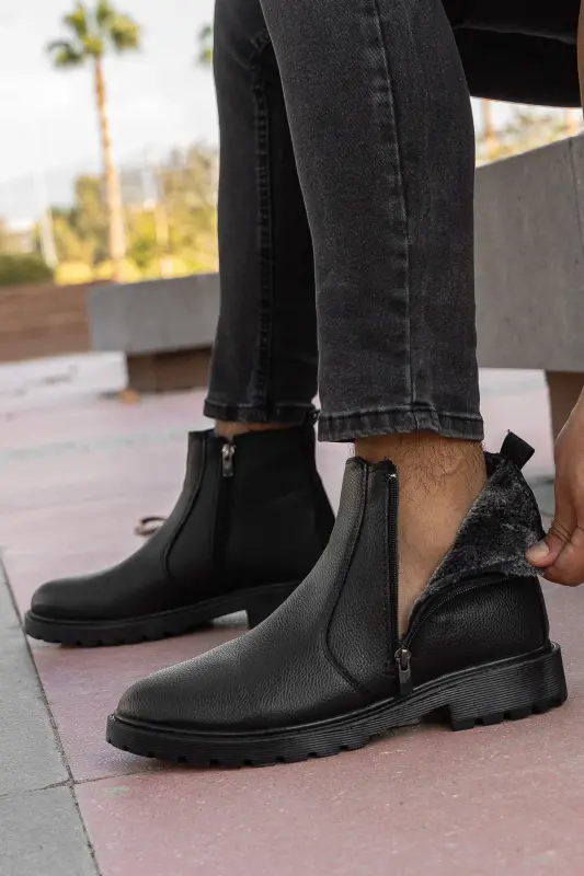 RODRİGUEZ Garantili Fermuarlı Kürklü Soğuk Geçirmez Erkek Bot-Siyah PARLAK - 3