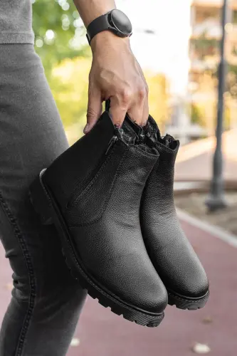 RODRİGUEZ Garantili Fermuarlı Kürklü Soğuk Geçirmez Erkek Bot-Siyah PARLAK - 4