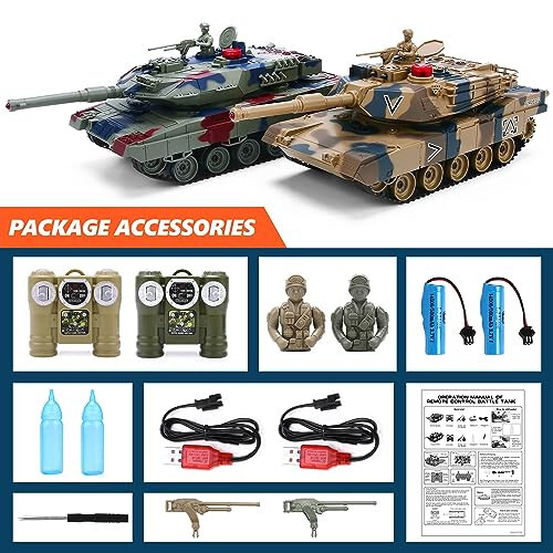 ROGALALY RC Tank Set, 1/24 Scale RC Army Battle Tanks with Life Indicators and Spray, 35 Mins Playtime Remote Control Military Toys, Set of 2 RC Vehicles for Kids and Adults - 6