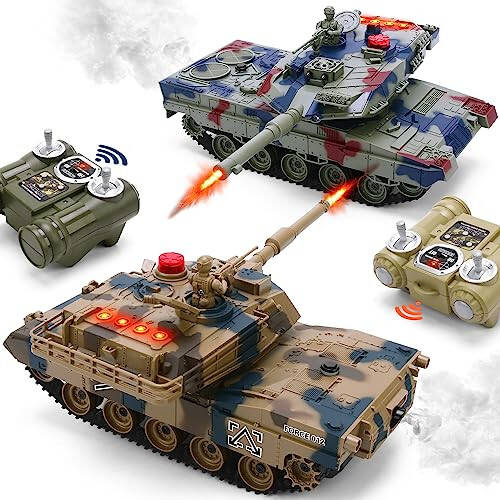 ROGALALY RC Tank Seti, 1/24 Ölçekli RC Ordu Savaş Tankları Canlı Göstergeler ve Sprey ile, 35 Dakika Oynanabilirlik Uzaktan Kumandalı Askeri Oyuncaklar, Çocuklar ve Yetişkinler için 2 RC Araç Seti - 1