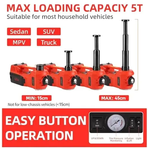 ROGTZ Electric Hydraulic Car Jack Kit 5 Ton 12V Portable Lift Range 17.7 Inch with Impact Wrench and Tire Inflator Pump for SUV Sedan Truck Car Repair Floor Jack for Vehicle Tire Change with LED Light - 2