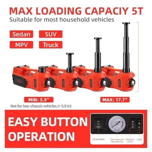 ROGTZ Electric Hydraulic Car Jack Kit 5 Ton 12V Portable Lift Range 17.7 Inch with Tire Inflator Pump for SUV Sedan Truck Car Repair Floor Jack for Vehicle Tire Change with LED Light Jack Only - ROGTZ (1)