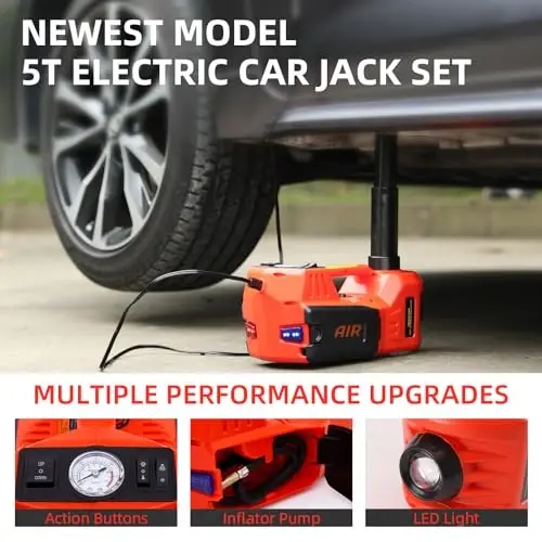 ROGTZ Electric Hydraulic Car Jack Kit 5 Ton 12V Portable Lift Range 17.7 Inch with Tire Inflator Pump for SUV Sedan Truck Car Repair Floor Jack for Vehicle Tire Change with LED Light Jack Only - 5