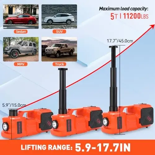 ROGTZ Electric Hydraulic Car Jack Kit with Impact Wrench and Tire Inflator Pump, 5 Ton 12V Hydraulic Jack for SUV Sedans Tire Change with LED Light - 2