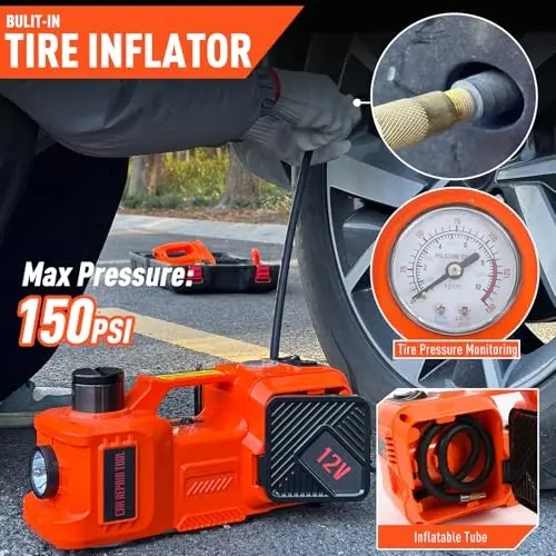 ROGTZ Electric Hydraulic Car Jack Kit with Impact Wrench and Tire Inflator Pump, 5 Ton 12V Hydraulic Jack for SUV Sedans Tire Change with LED Light - 5