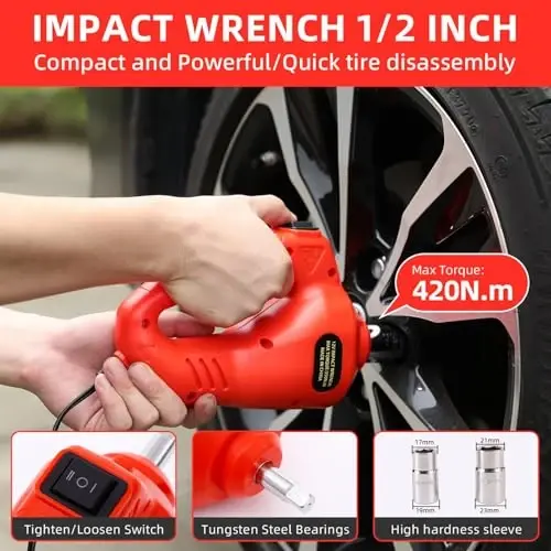 ROGTZ Elektrik gidravlik avtomobil jeki to'plami 5 tonna 12V Portativ ko'tarish diapazoni 17,7 dyuym, zarba kaliti va shinalarni shishirish pompasi bilan SUV Sedan yuk mashinasi uchun avtomobilni ta'mirlash uchun pol jeki transport vositasining shinalarini LED yoritgichi bilan almashtirish uchun - 4