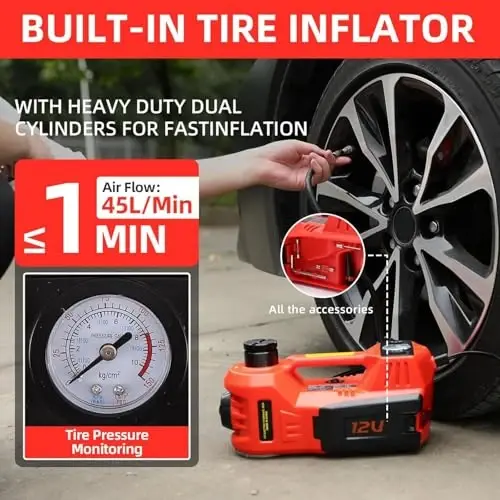 ROGTZ Elektrik gidravlik avtomobil jeki to'plami 5 tonna 12V Portativ ko'tarish diapazoni 17,7 dyuym, zarba kaliti va shinalarni shishirish pompasi bilan SUV Sedan yuk mashinasi uchun avtomobilni ta'mirlash uchun pol jeki transport vositasining shinalarini LED yoritgichi bilan almashtirish uchun - 5