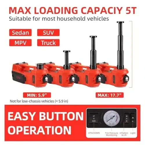 ROGTZ Electric Hydraulic Car Jack Kit 5 Ton 12V Portable Lift Range 17.7 Inch with Tire Inflator Pump for SUV Sedan Truck Car Repair Floor Jack for Vehicle Tire Change with LED Light Jack Only - ROGTZ (1)