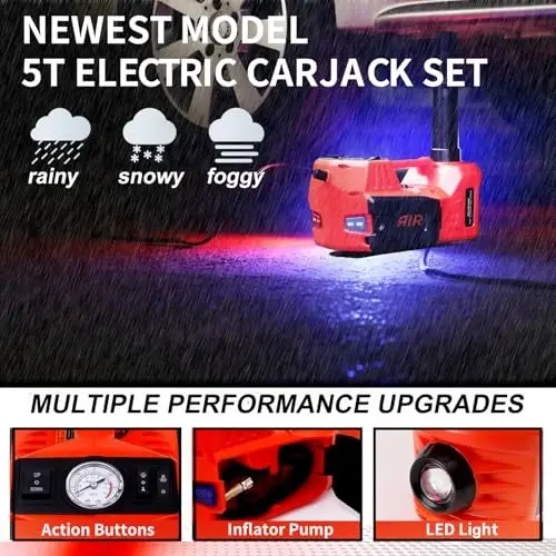 ROGTZ Electric Hydraulic Car Jack Kit 5 Ton 12V Portable Lift Range 17.7 Inch with Tire Inflator Pump for SUV Sedan Truck Car Repair Floor Jack for Vehicle Tire Change with LED Light Jack Only - 4