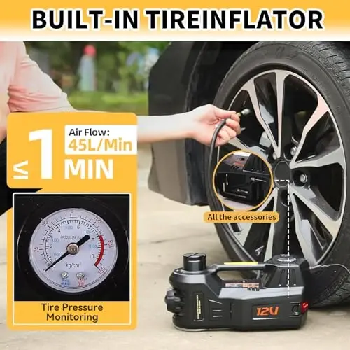 ROGTZ Upgraded Electric Car Jack Kit 5 Ton Floor Jack Hydraulic with Tire Inflator Lifting Range: 5.9-20.90 inch, Car Lift for Vehicle Roadside Emergency Tire Repair Kit (Jack Only, Green) - 5