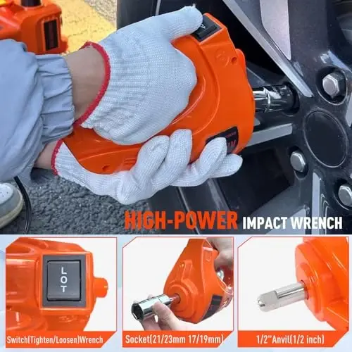 ROGTZ zarbli kalit va shinalarni shishiradigan nasosli elektr gidravlik avtomobil krani to'plami, SUV sedanlari uchun 5 tonnalik 12V gidravlik kran, LED yoritgichli shinalarni almashtirish - 7