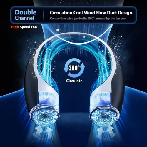 Rohent 2-Pack Hands-Free Neck Fan - 4000mAh USB-C Rechargeable with Turbo Cooling Ultra-Quiet 4 Speeds 360° Airflow for Travel Outdoors (Black) - 2