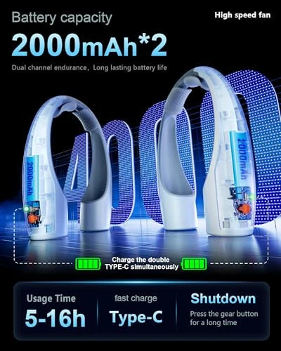 Rohent Ko'chma Boyin Ventilyatori Shaxsiy: Yuqori Tezlik 4 Tezlikli Qayta Zaryadlanadigan Ventilyator Sovutish Havo Oqimi - Uzoq Batareya Muddati Engil Kiyiladigan Ventilyator Ayollar Erkaklar Uchun - Kulrang - 5