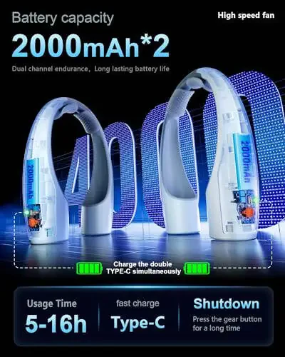 Rohent Ko'chma Boyin Ventilyatori Shaxsiy: Yuqori Tezlik 4 Tezlikli Qayta Zaryadlanadigan Ventilyator Sovutish Havo Oqimi - Uzoq Batareya Muddati Engil Kiyiladigan Ventilyator Ayollar Erkaklar Uchun - Kulrang - 5