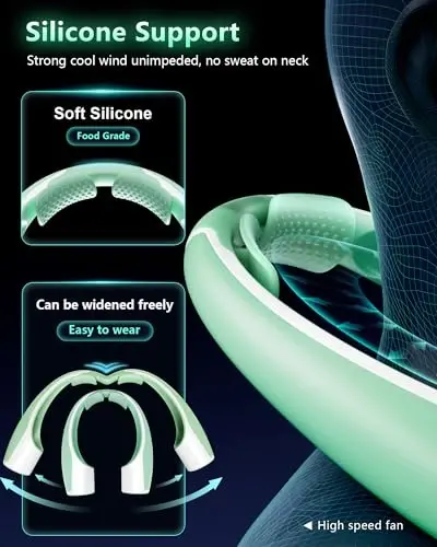 Rohent Neck Fans Portable Rechargeable for Personal: High Power Faster Cooling Neck Fans 4 Speeds Wind - Ultra Quiet Wearable Neck Fan for Travelers Hikers Campers Gardeners - Green - 2