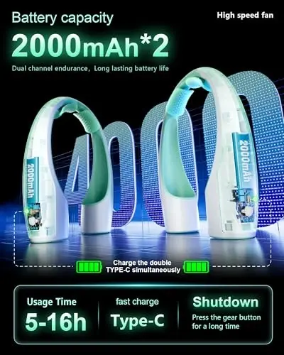 Rohent Neck Fans Portable Rechargeable for Personal: High Power Faster Cooling Neck Fans 4 Speeds Wind - Ultra Quiet Wearable Neck Fan for Travelers Hikers Campers Gardeners - Green - 5
