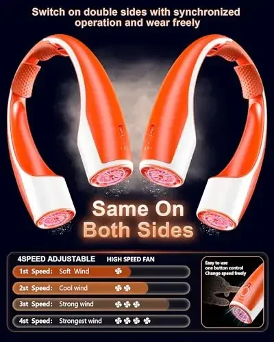 Rohent Personal Neck Fan for Outdoor: Powerful High Speed Personal Fan 360° Cooling - 4000mAh Battery Operated Rechargeable Neck Fan for Travel Camping - Orange - 6