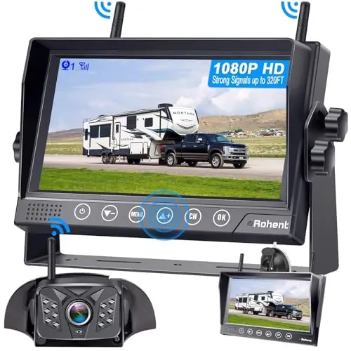 Rohent RV Backup Camera Wireless HD 1080P Waterproof Dual Antennas Digital Signals Rear View System for Trailers Trucks Motorhomes 4 Channels 7'' Touch Key DVR Monitoring Night Vision R12 