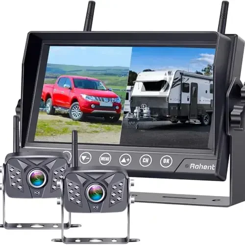 Rohent RV Backup Camera Wireless HD1080P 2 Cameras with 7 Inch Touch Key DVR Monitor Stable Digital Signals Rear View Camera System IP69K Waterproof Pigtail Wire Adapter for Furrion Pre-Wired RVs R8 - 1