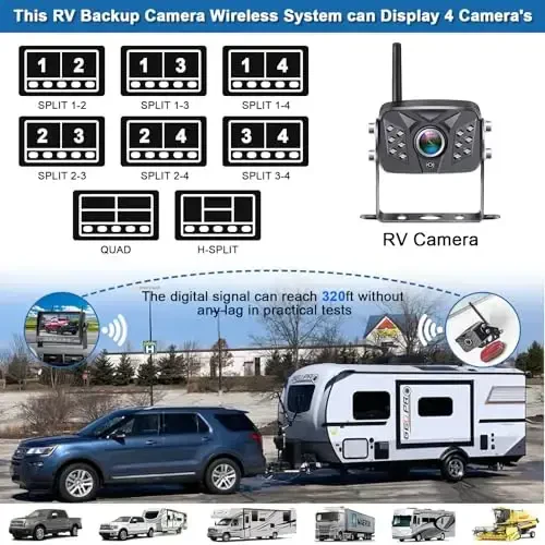 Rohent RV zaxira kamerasi simsiz HD1080P 2 ta kamera 7 dyuymli sensorli DVR monitori barqaror raqamli signallar orqa ko'rinish kamerasi tizimi IP69K suv o'tkazmaydigan Furrion oldindan simli RV'lar uchun Pigtail sim adapteri R8 - 6
