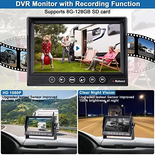 Rohent RV zaxira kamerasi simsiz HD1080P 2 ta kamera 7 dyuymli sensorli DVR monitori barqaror raqamli signallar orqa ko'rinish kamerasi tizimi IP69K suv o'tkazmaydigan Furrion oldindan simli RV'lar uchun Pigtail sim adapteri R8 - 3