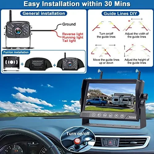 Rohent RV zaxira kamerasi simsiz HD1080P 2 ta kamera 7 dyuymli sensorli DVR monitori barqaror raqamli signallar orqa ko'rinish kamerasi tizimi IP69K suv o'tkazmaydigan Furrion oldindan simli RV'lar uchun Pigtail sim adapteri R8 - 5