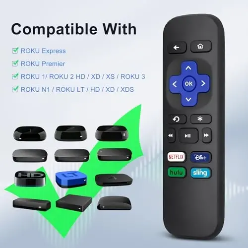 Roku Box/Express/Premiere uchun almashtirish pulti - Stick, TV yoki Game uchun EMAS | faqat Roku Box uchun (Stick/TV emas). Ulanish shart emas – batareyalarni o‘rnating va ishlating. Bardoshli ABS. 1-bosish bilan NFLX/Dis+/Hulu/Sling. - OMAIC (1)