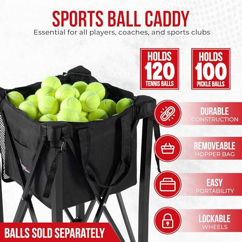 Rolling Cart for Tennis Balls - Tennis & Pickleball Caddy with Pickup Tube - Collapsible Metal Frame with Wheels & Carry Case - Detachable Zipper Bag Holds 120 Tennis Balls or 100 Pickle Ball Balls - 10