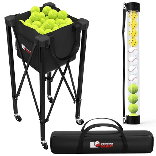 Rolling Cart for Tennis Balls - Tennis & Pickleball Caddy with Pickup Tube - Collapsible Metal Frame with Wheels & Carry Case - Detachable Zipper Bag Holds 120 Tennis Balls or 100 Pickle Ball Balls - 2