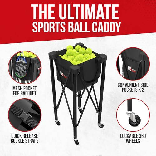 Rolling Cart for Tennis Balls - Tennis & Pickleball Caddy with Pickup Tube - Collapsible Metal Frame with Wheels & Carry Case - Detachable Zipper Bag Holds 120 Tennis Balls or 100 Pickle Ball Balls - 4