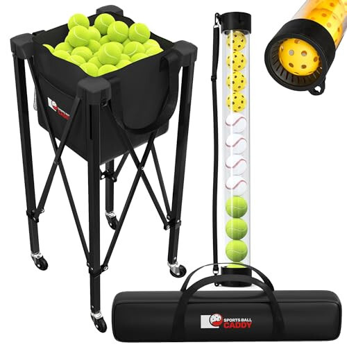 Rolling Cart for Tennis Balls - Tennis & Pickleball Caddy with Pickup Tube - Collapsible Metal Frame with Wheels & Carry Case - Detachable Zipper Bag Holds 120 Tennis Balls or 100 Pickle Ball Balls - 6