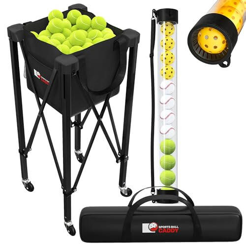 Rolling Cart for Tennis Balls - Tennis & Pickleball Caddy with Pickup Tube - Collapsible Metal Frame with Wheels & Carry Case - Detachable Zipper Bag Holds 120 Tennis Balls or 100 Pickle Ball Balls - 6