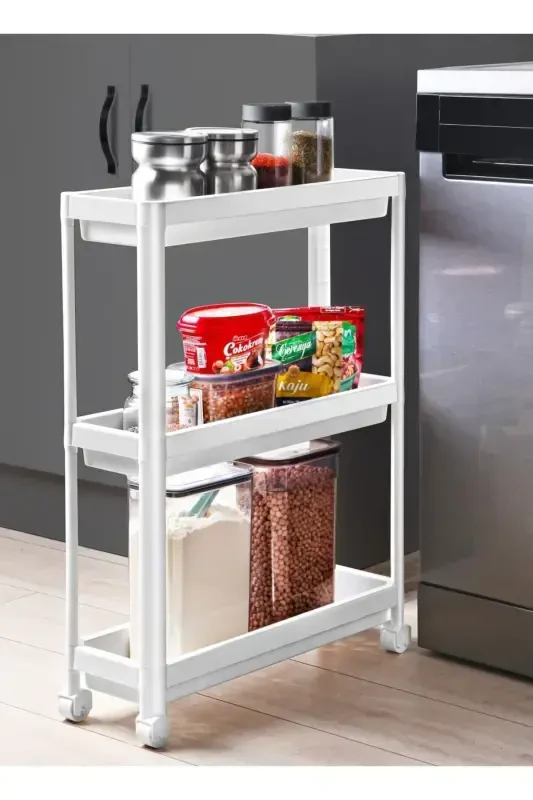 Rolling Shelf Unit 3 Tier White Bathroom Shelf Kitchen Shelf Serving Trolley Organizer-White - 1