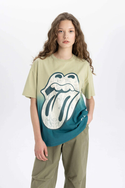 Rolling Stones Oversize Fit Krujka Yaka Qisqa Yengli Futbolka Haki - 8