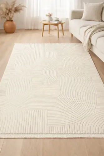 Rölyef Düz Saçaklı Joy Krem Kaymaz Taban Yıkanabilir Salon Mutfak Koridor Halısı Yolluk Kilim - Ekruu02 