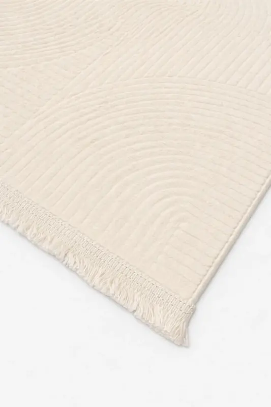 Rölyef Düz Saçaklı Joy Krem Kaymaz Taban Yıkanabilir Salon Mutfak Koridor Halısı Yolluk Kilim-Ekruu02 - 3