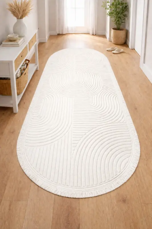 Rölyef Düz Saçaklı Joy Oval Kaymaz Taban Yıkanabilir Salon Mutfak Koridor Halısı Yolluk Kilim KREM - Kremm09 - MERINOS