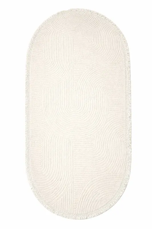 Rölyef Düz Saçaklı Joy Oval Kaymaz Taban Yıkanabilir Salon Mutfak Koridor Halısı Yolluk Kilim KREM - Kremm09 - 2
