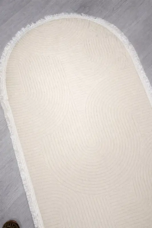 Rölyef Düz Saçaklı Joy Oval Kaymaz Taban Yıkanabilir Salon Mutfak Koridor Halısı Yolluk Kilim KREM - Kremm09 - 3