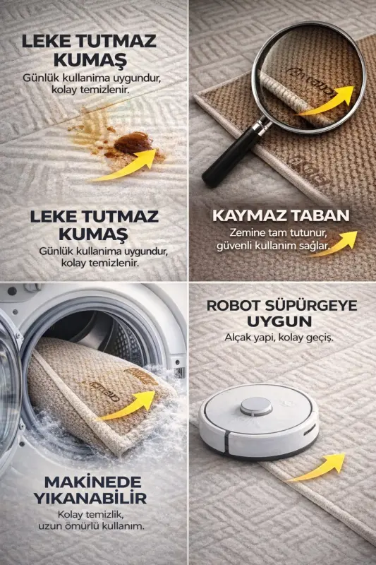 Rölyef Joy Krem Kaymaz Taban Halı Yolluk Kilim Büyük Ebatlar-AçıkBej - 4