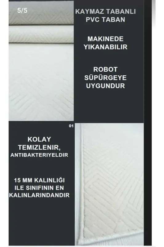 Rölyef Kaymaz Taban Oda Salon Koridor Mutfak Halı Yolluk Krem - Krem - 7