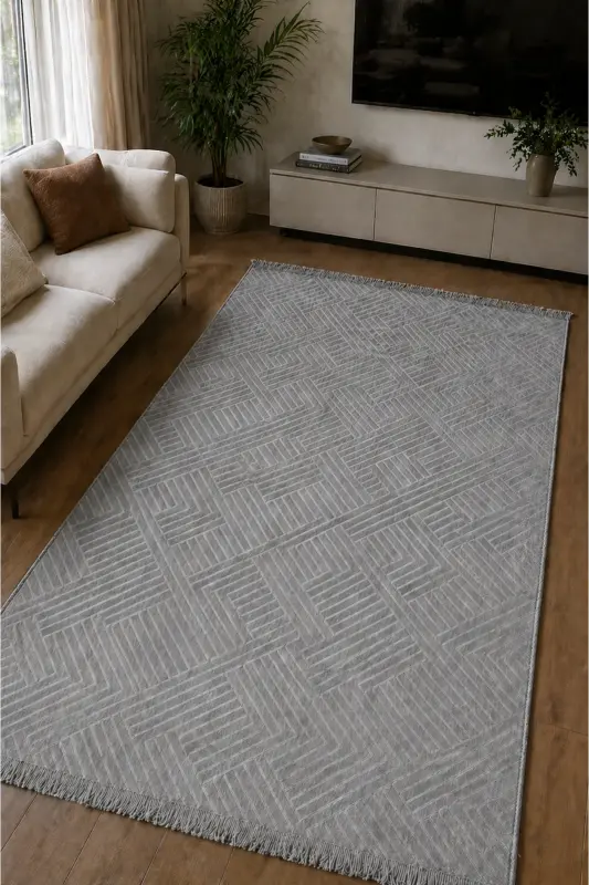 Rölyef Klasik Saçaklı Aden Kaymaz Taban Salon Mutfak Koridor Halı Yolluk Kilim GRİ - Gri-adn - 1