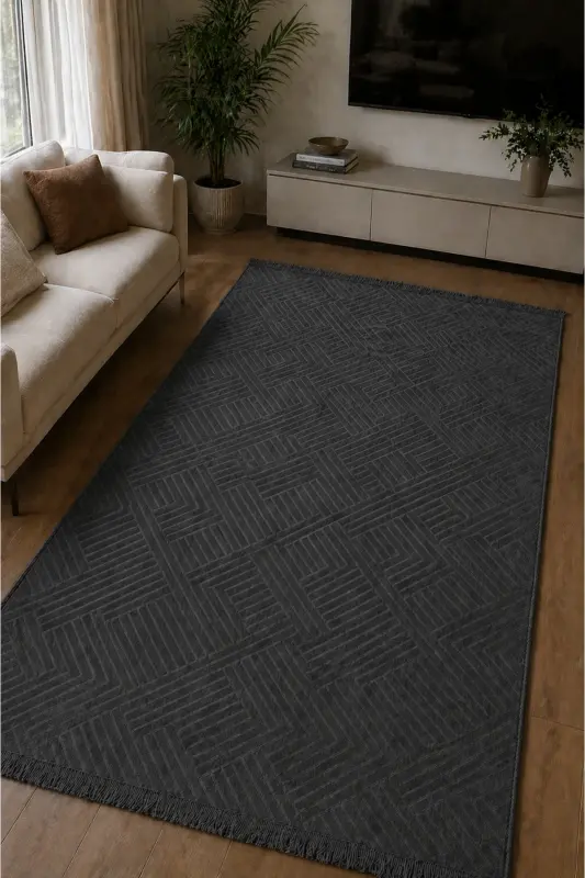 Rölyef Klasik Saçaklı Aden Yıkanabilir Kaymaz Taban Salon Mutfak Koridor Halı Yolluk Kilim ANTRASİT - Antrasit-x - MERINOS
