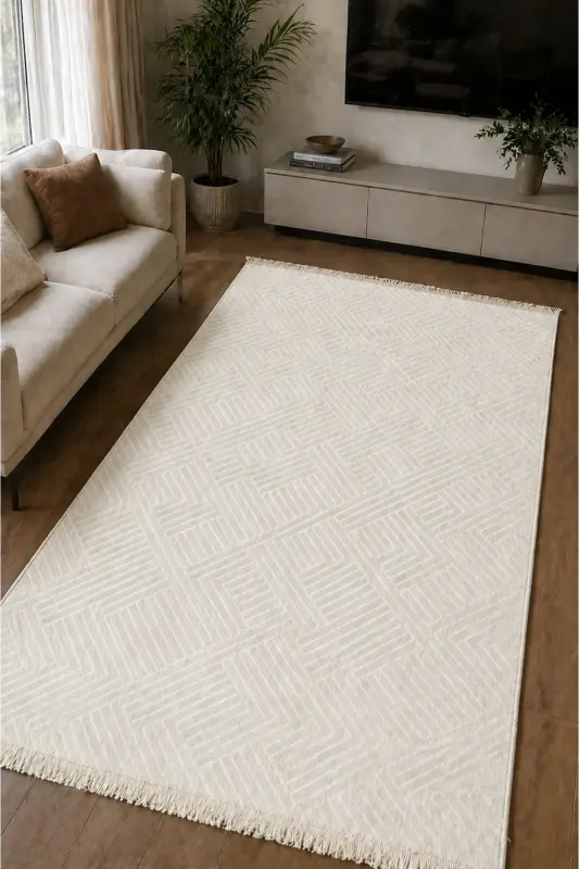 Rölyef Klasik Saçaklı Aden Yıkanabilir Kaymaz Taban Salon Mutfak Koridor Halı Yolluk Kilim KREM - Krem-krm - MERINOS