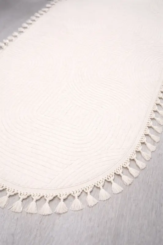 Rölyef Oval Örgü Saçaklı Joy Kaymaz Yıkanabilir Salon Mutfak Koridor Yolluk Halı Kilim KREM - Kremtry - 4